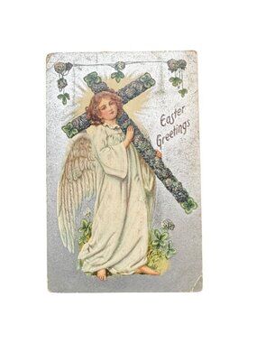 Antique 1908 Easter Postcard Angel & Cross Design Handwritten Message Postmarked